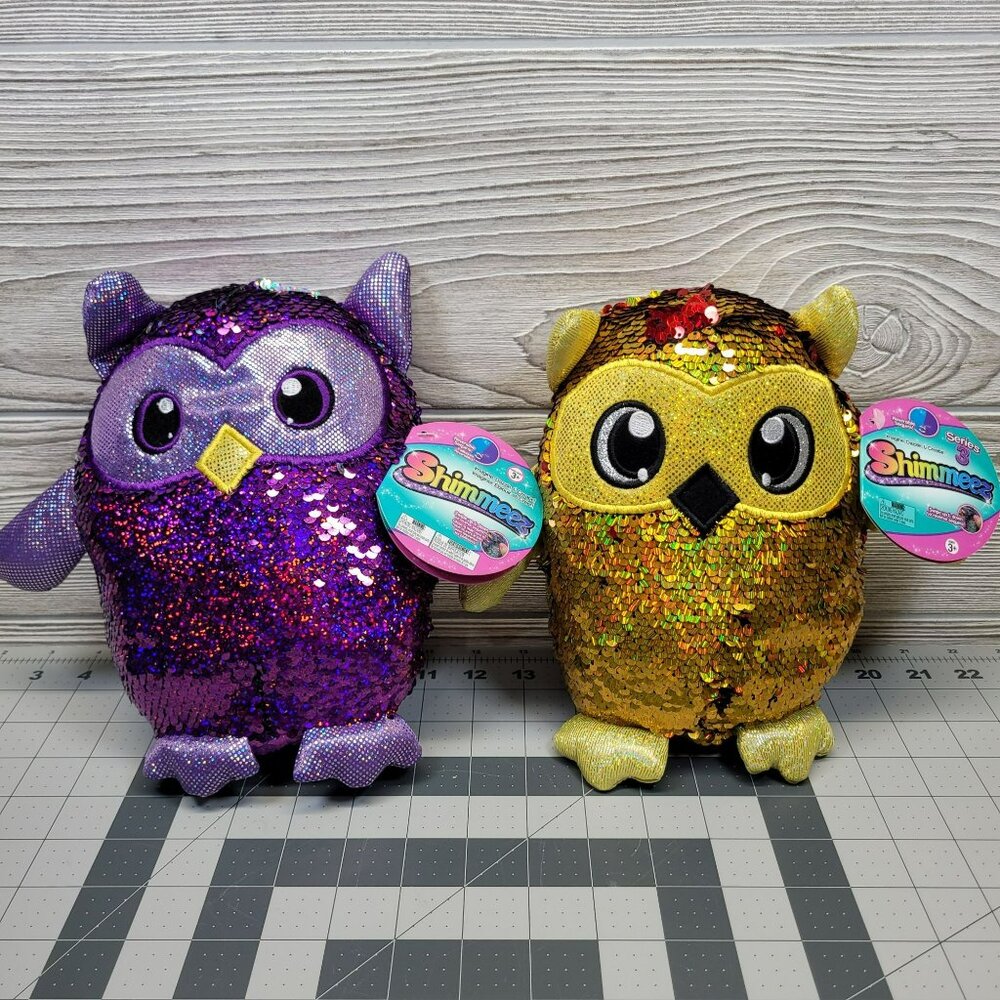 2 Shimmeez Sequin Owl Plush Toy Reversible Sparkle Magic Purple Gold Owls‎ 7"